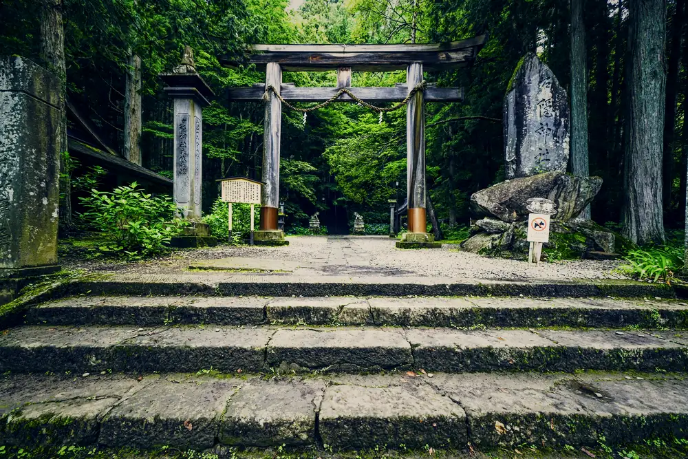 森の入口に立つ鳥居と石段
